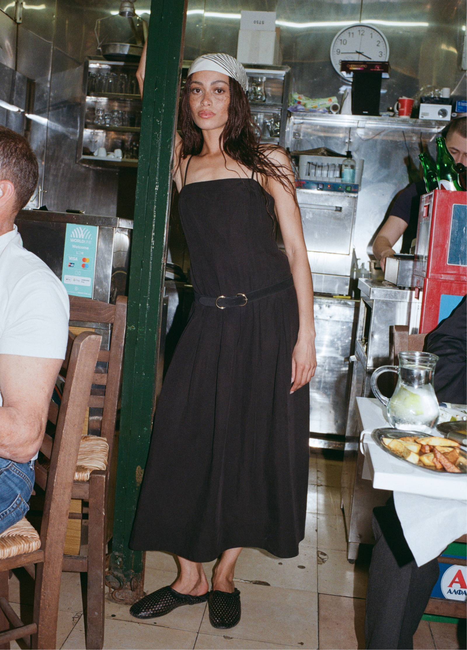Black Linen Blend Waisted Midi Dress