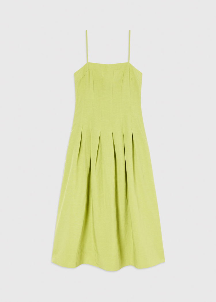 Green Linen Blend Waisted Midi Dress