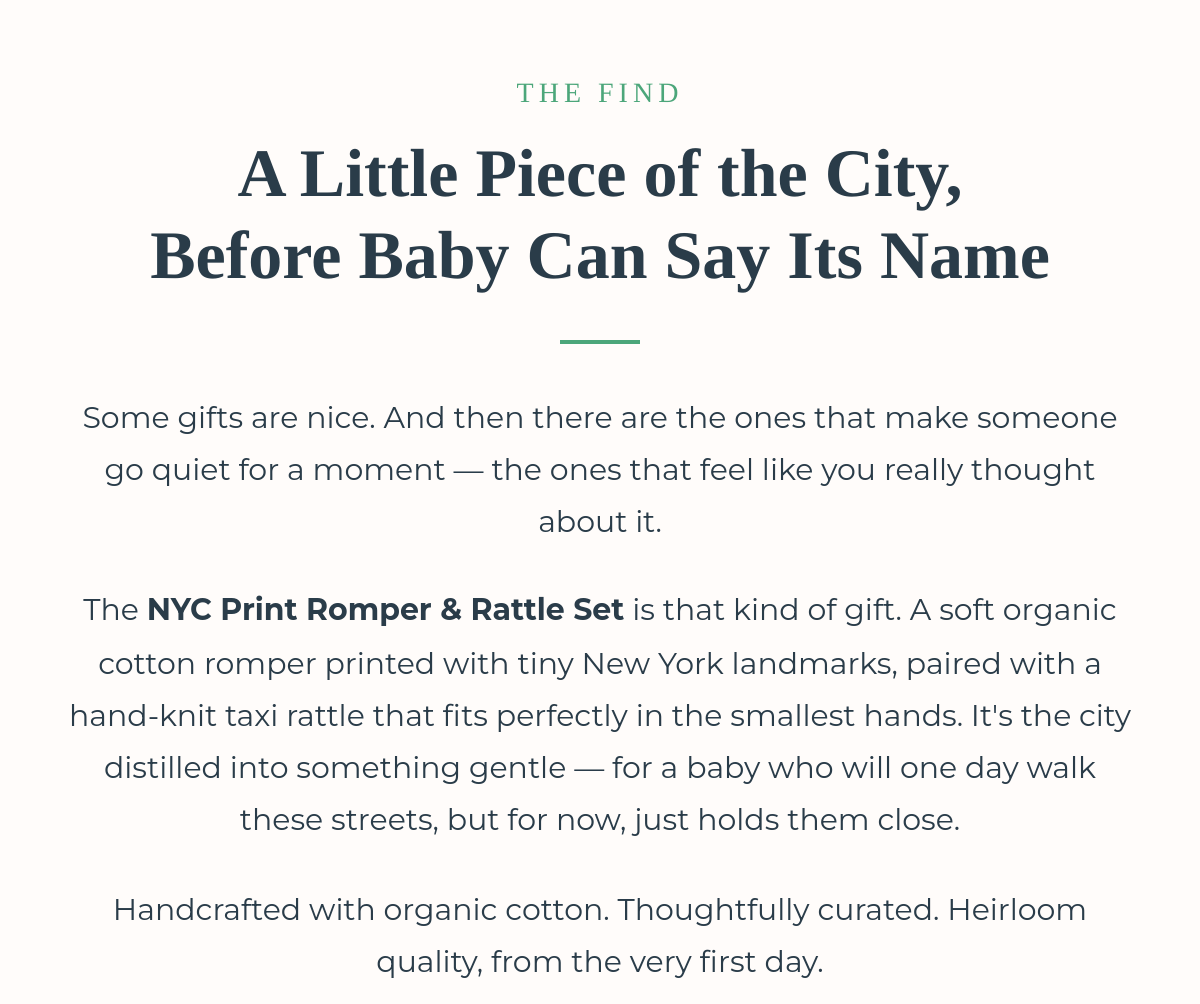 The Find — emotional storytelling introduction to the NYC Print Romper & Rattle Set