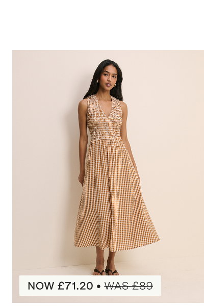 Orange Gingham Shirred Audrey Midi Dress