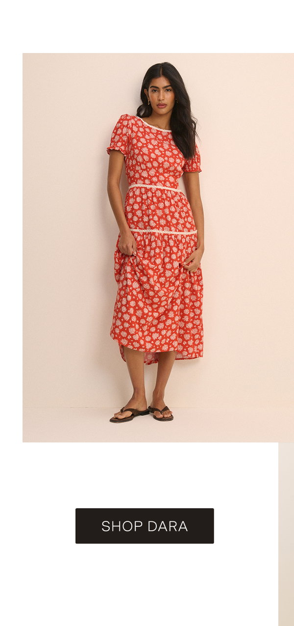 Red Ditsy Floral Tiered Dara Midi Dress 