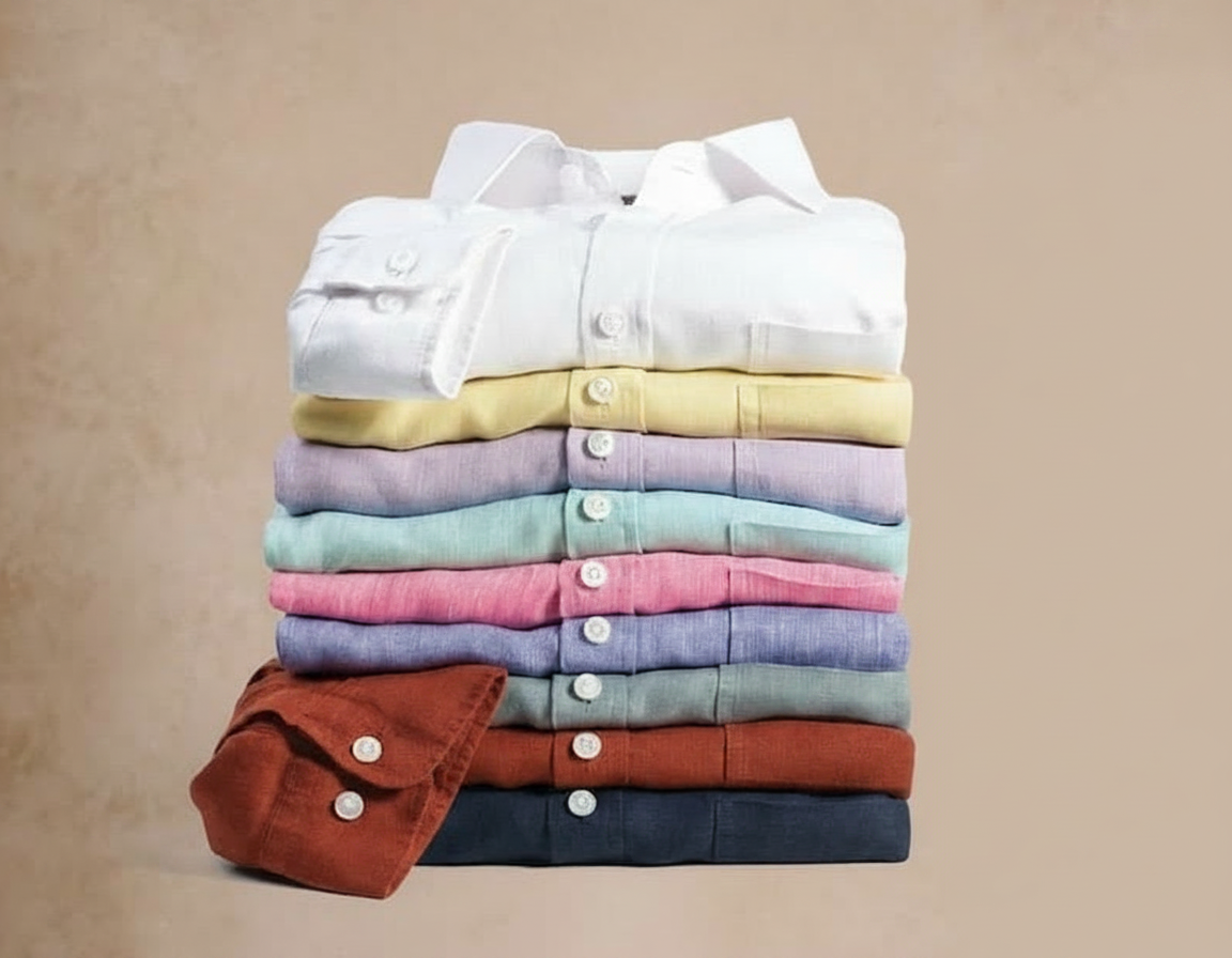 Stack of neatly folded, colorful linen shirts.