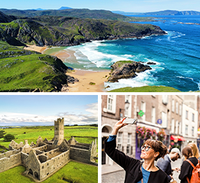 Bildcollage: Irische Küste, antike Burg und Frau macht in Dublin ein Selfie
