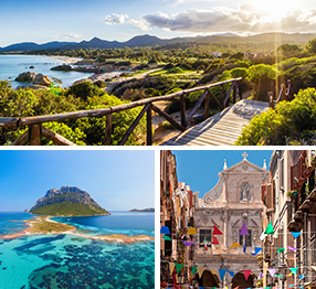 Bildcollage: Küstenstreifen auf Sardinien, im Meer vorgelagerte Insel, Altstadt von Cagliari 