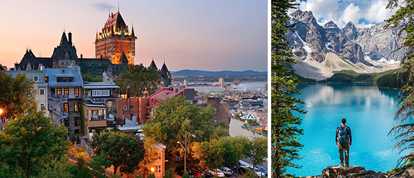 Bildcollage: Bergwelt und See im Banff Nationalpark und Quebec City im Abendlicht