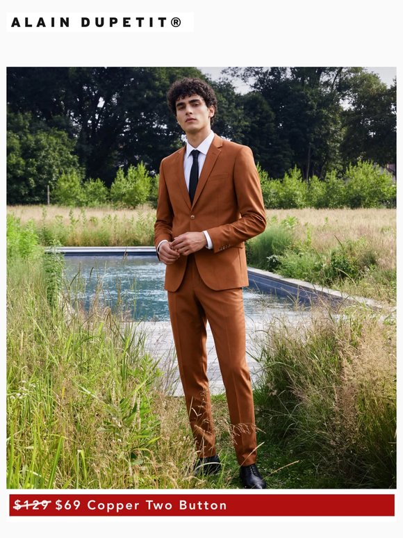$69 Copper | $79 Pine Green Herringbone | $89 Oak Brown Herringbone | $99 Black Peak Lapel Tuxedo