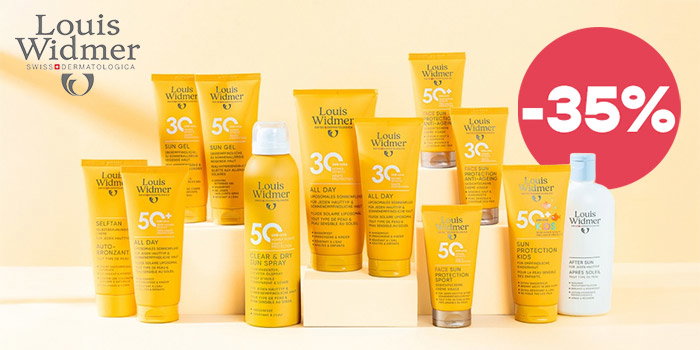 Louis Widmer sun-care range of yellow SPF 30–50 bottles and tubes on plinths with a red -35% discount badge
