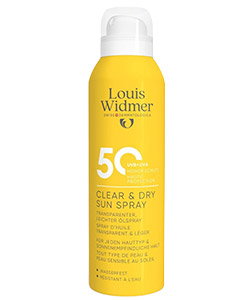 Louis Widmer Clear & Dry Sun Spray SPF 50 in yellow aerosol bottle — transparent, fast-drying sun protection
