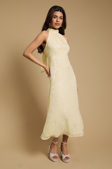 Petite Plain Satin Burnout Halterneck Midi Dress