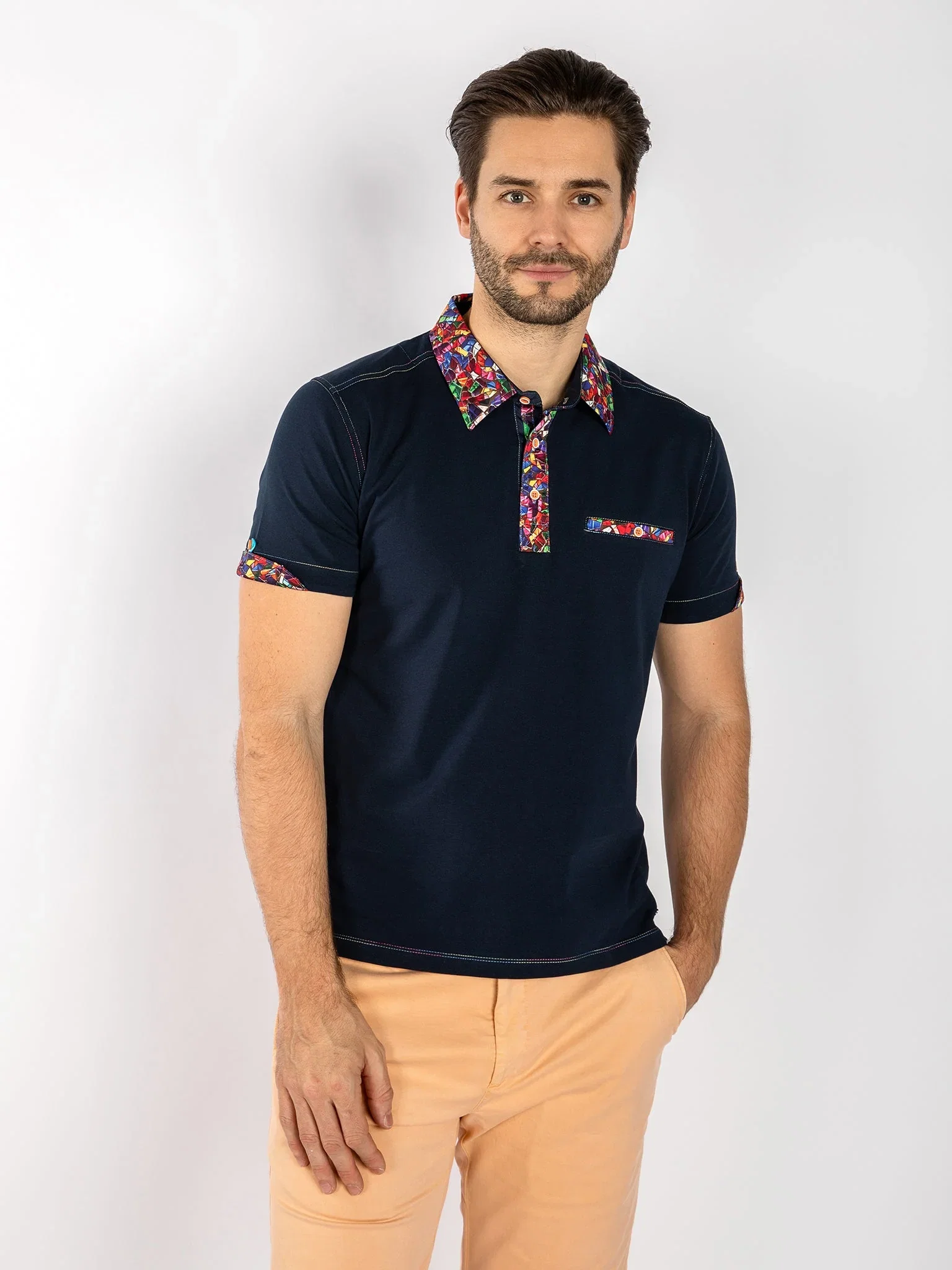 Image of SIGNATURE POLO SHIRT WITH STAINED GLASS INSERT