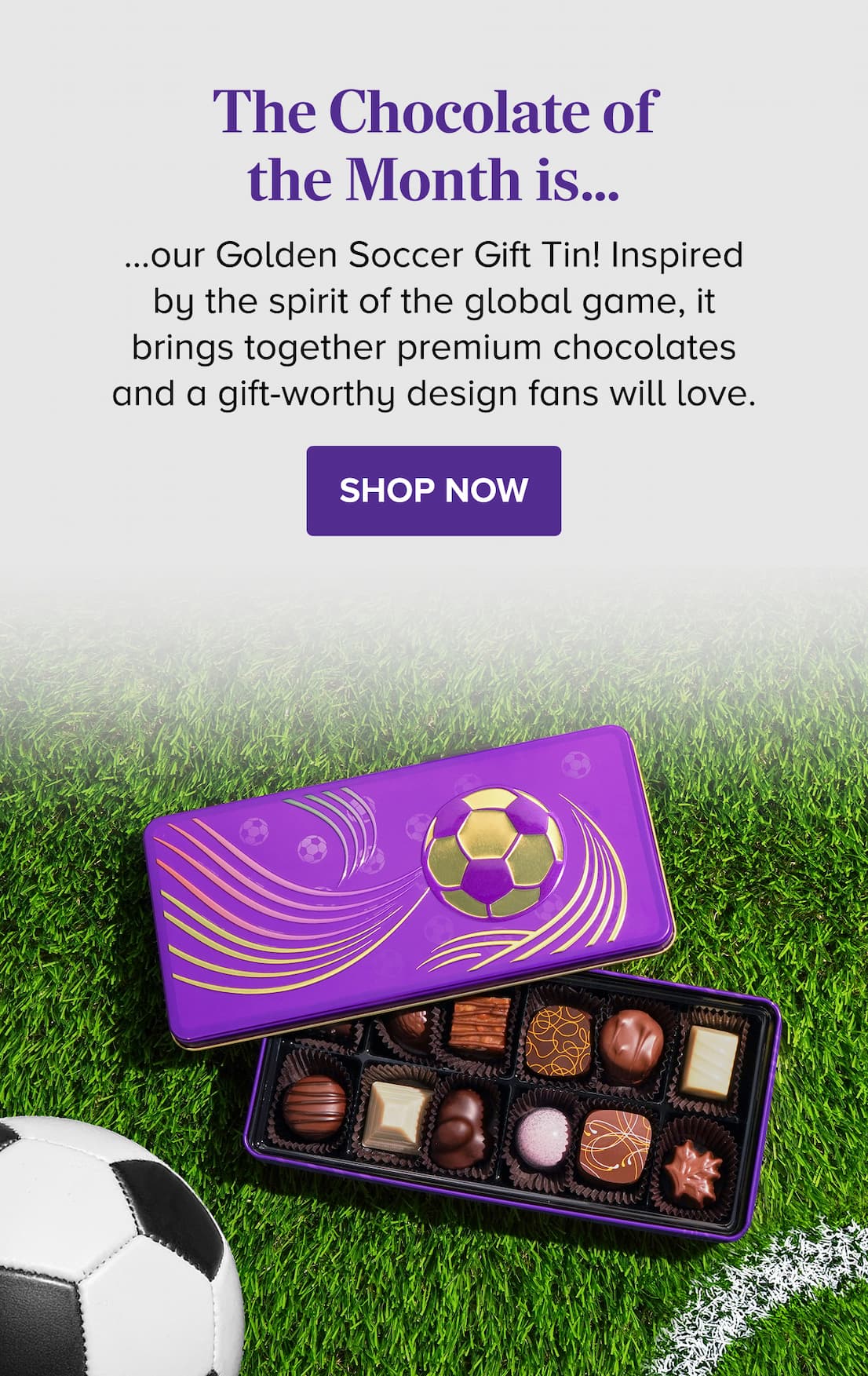 The Chocolate of the Month is our Golden Soccer Gift Tin! SHOP NOW