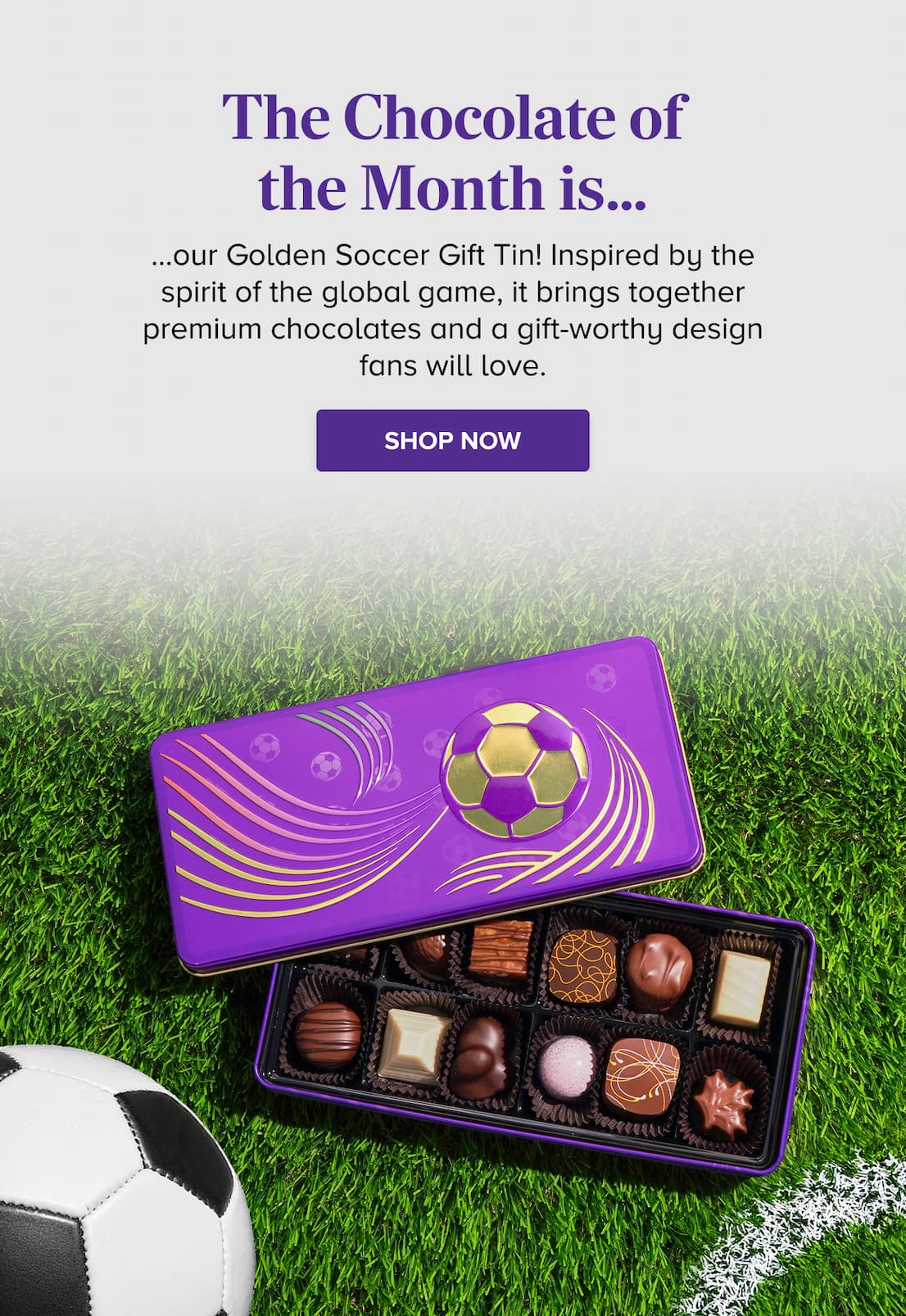 The Chocolate of the Month is our Golden Soccer Gift Tin! SHOP NOW