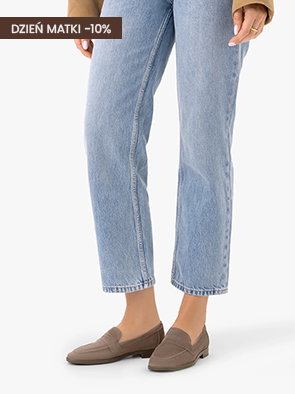 Woman in blue jeans wearing brown loafers, Mother's Day 10% discount.