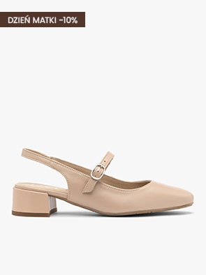 Beige slingback block heel shoe with buckle strap, Mother's Day 10% off
