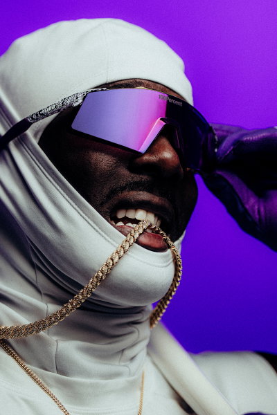 Elly De La Cruz wearing his purple venom Aerocraft sunglasses in his signature edition 2026 100Percent eyewear collection.