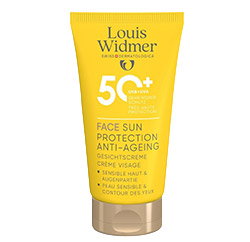 Yellow tube of Louis Widmer SPF 50+ Face Sun Protection Anti‑Ageing cream for sensitive skin