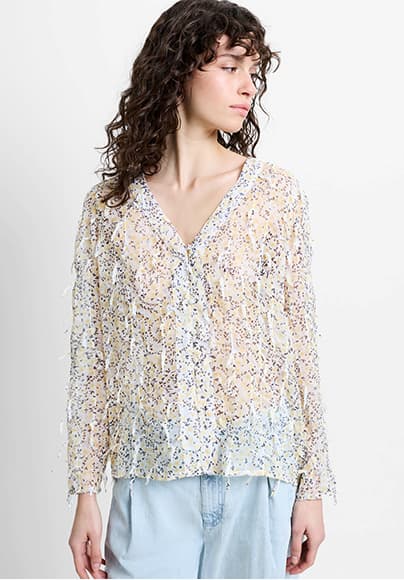 Bonnie Abstract Print Textured V Neck Blouse