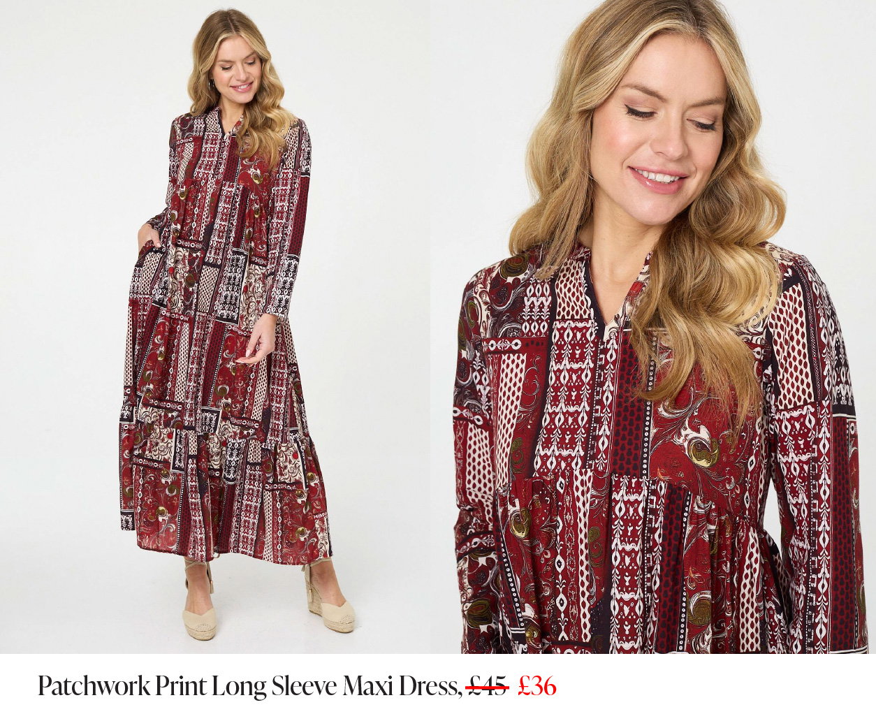 Patchwork Print Long Sleeve Maxi Dress | Shop Now