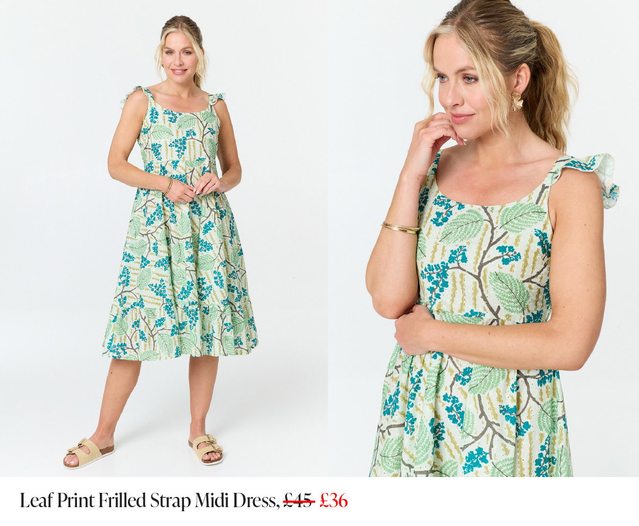 Leaf Print Frilled Strap Midi Dress | Shop Now