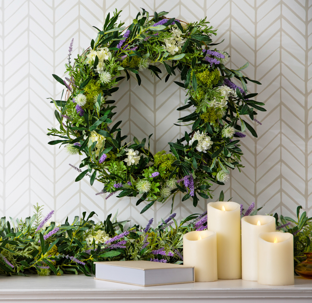 French Market Floral Wreath and Garland in a mantel setting
