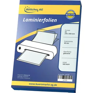 Böttcher-AG Laminierfolien Premium, DIN A4, 80 mic, glänzend, wasserabweisend und farbintensiv, 100 Stück