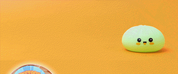Green, blue, and pink Mystery Squashy Dumplings rolling across an orange background
