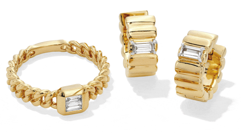Two-Frame GIF featuring three yellow gold rings with centre diamonds and a silver herringbone chain.