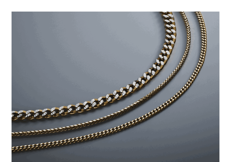 Man wearing yellow gold chain necklace, yellow gold watch and yellow gold bracelet.