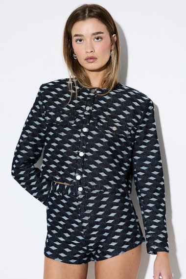 Premium Denim Diamond Textured Denim Trucker Jacket Co-Ord