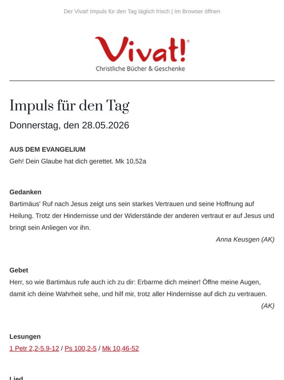 Impuls für Donnerstag, den 28.05.2026 - von Vivat!