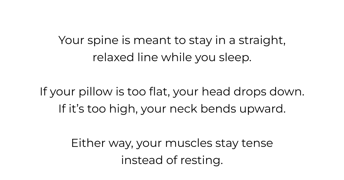 Your spine is meant to stay in a straight, relaxed line while you sleep. If your pillow is too flat, your head drops down. If it's too high, your neck bends upward. Either way, your muscles stay tense instead of resting.