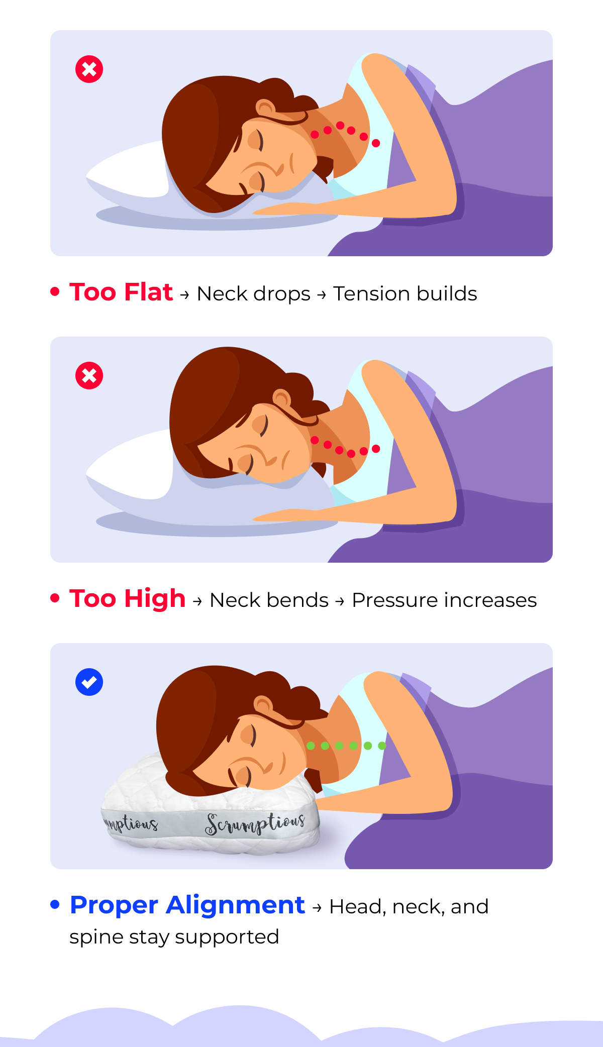 Too Flat → Neck drops → Tension builds • Too High → Neck bends → Pressure increases mptious Scrumptious • Proper Alignment → Head, neck, and spine stay supported