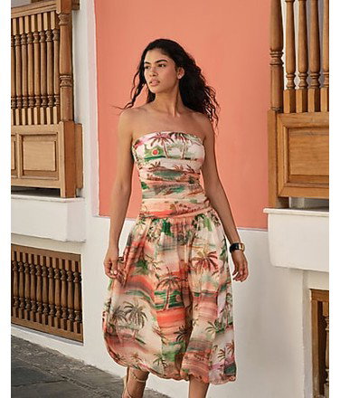 Printed Strapless Drop Waist Bubble Hem Midi Dress with Pockets