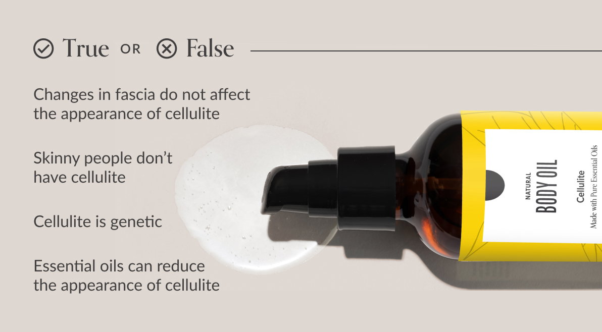 ✓ True OR x False – Skinny people don’t have cellulite – Cellulite is genetic – Changes in fascia do not affect the appearance of cellulite – Essential oils can reduce the appearance of cellulite