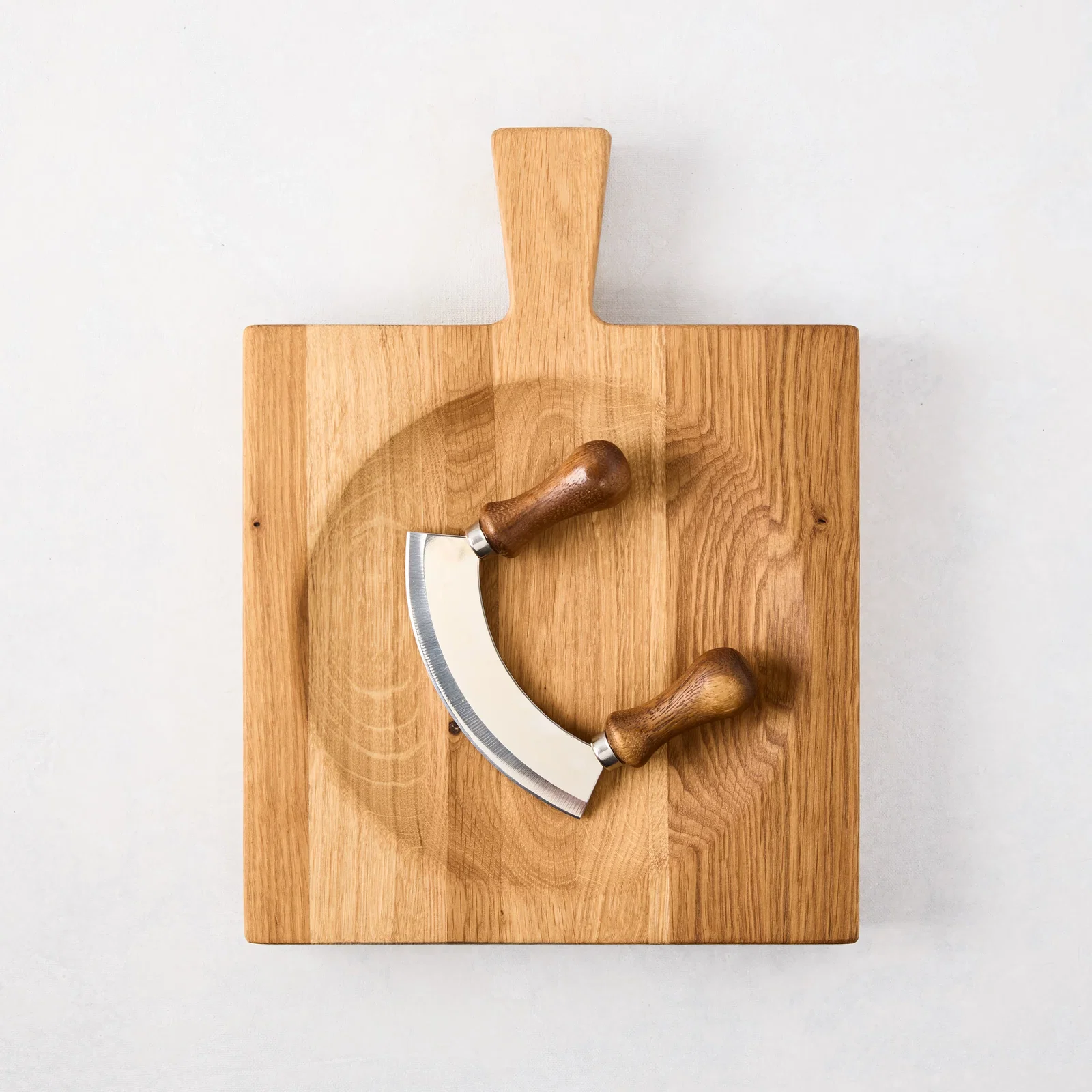Image of Small Oak Wood Cutting Board Bowl with Mezzaluna Blade