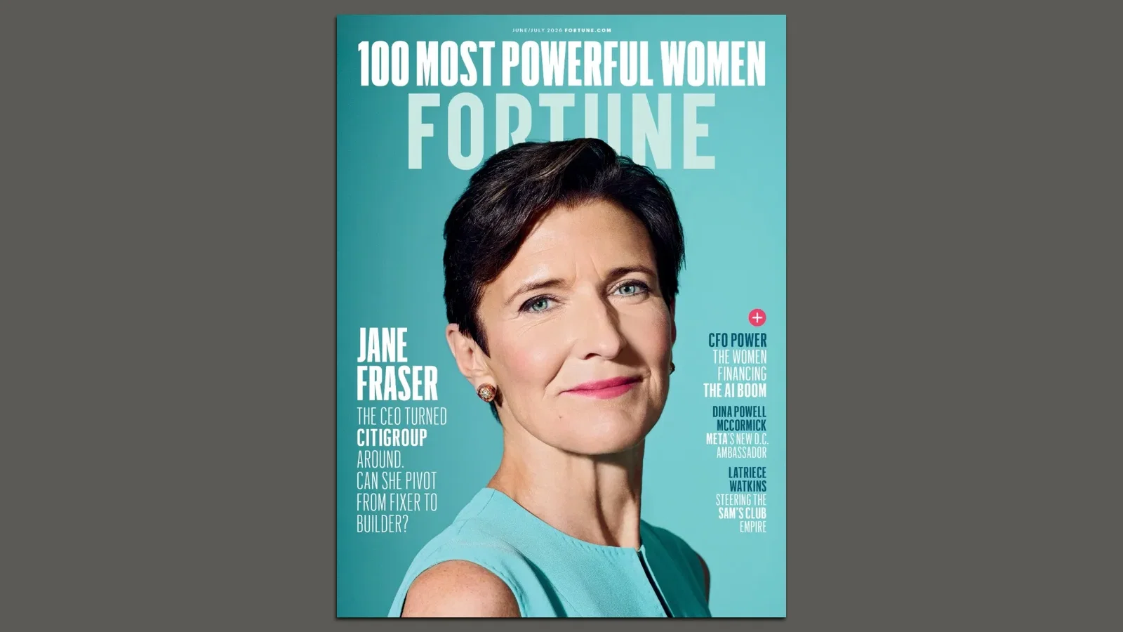 Fortune magazine cover featuring Jane Fraser, CEO of Citigroup. Teal backdrop with large white title 