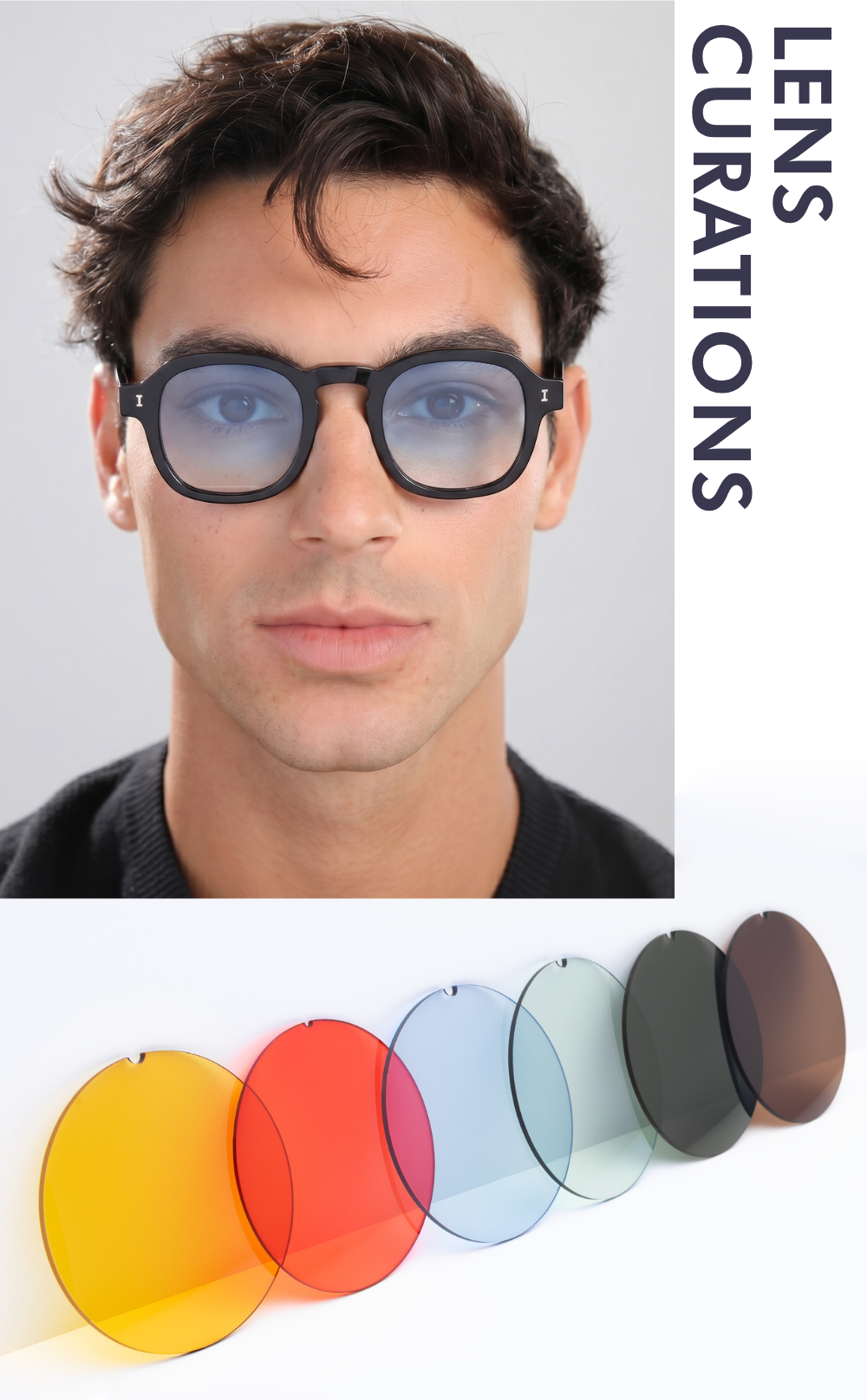 A multi-panel promotional graphic featuring a portrait of a man looking forward while wearing black rounded frames with light blue lenses. To the right, vertical text reads 