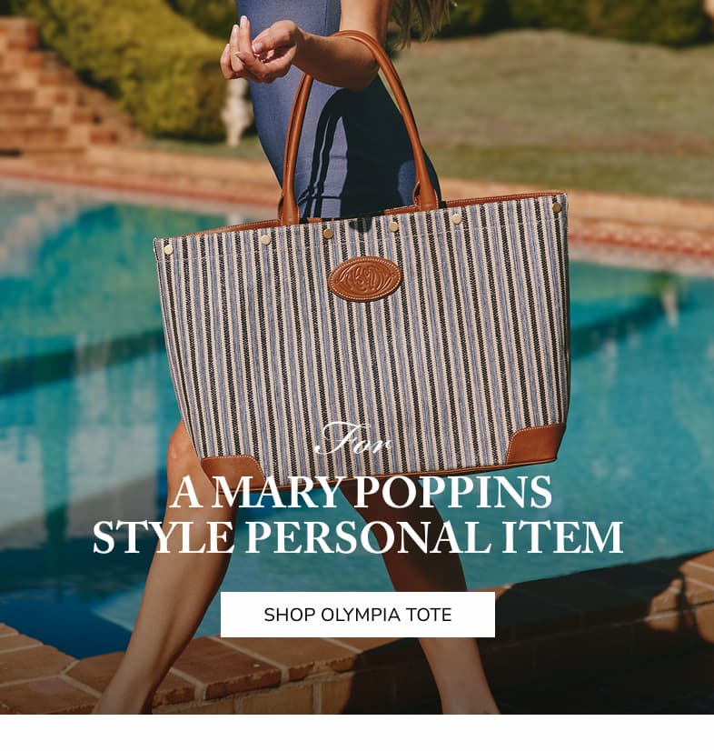 For a mary poppins style personal item. Shop Olypia tote. Model with olypia tote in cabana blue