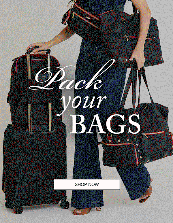 Pack your bags. CTA: Shop now. Model with travel bags in black gold red zip.