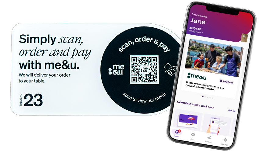 me&u QR code with phone showing Velocity app screen