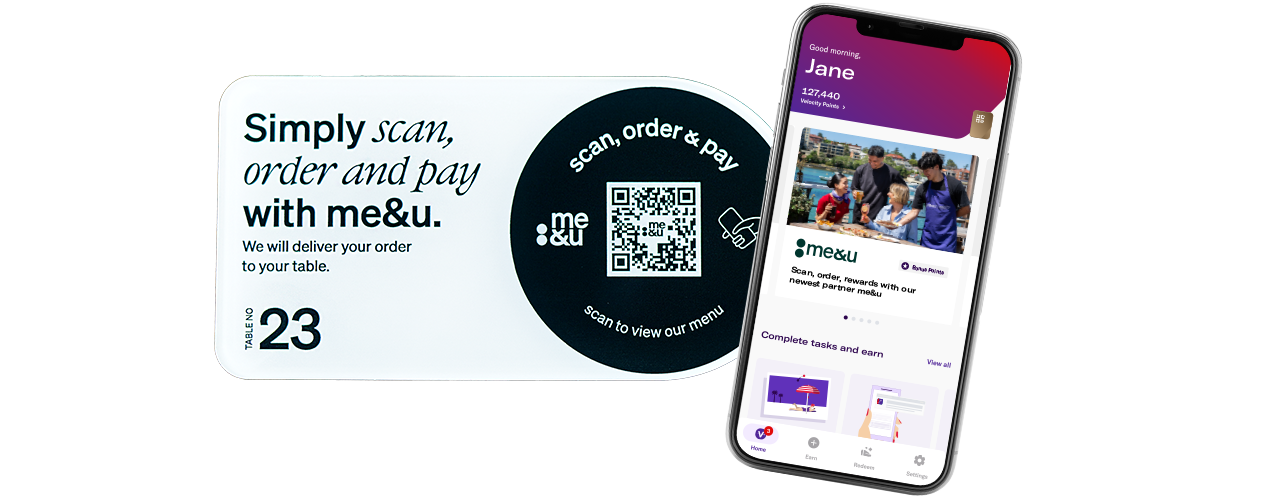 me&u QR code with phone showing Velocity app screen