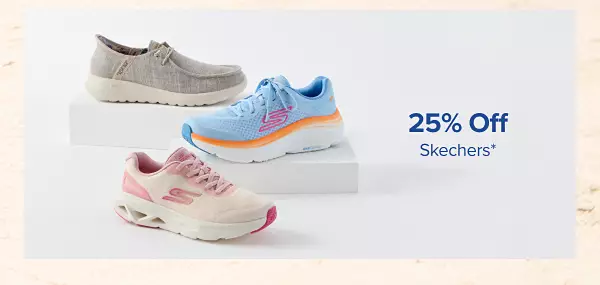 25% off Skechers online. Buy one, get one 50% off in store. Thee different pairs of sneakers.