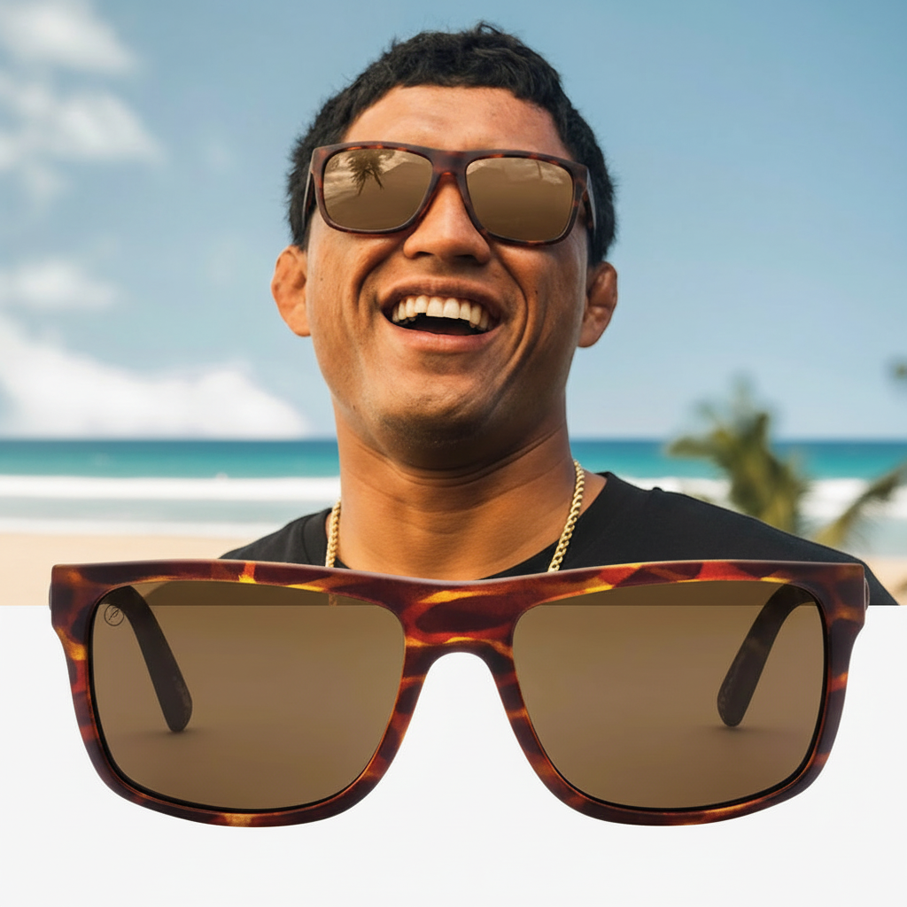 Man in sunglasses on a beach, with a close-up of the sunglasses in the foreground.