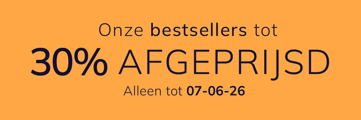 Een advertentie met de tekst Onze bestsellers tot 30 % afgeprijsd Alleen tot 07-06-26 De achtergrond is oranje en effen.
