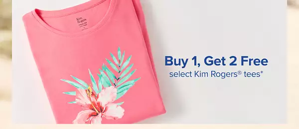Up to 50% off womens apparel. Shop now. A pink shirt with a flower printed on it.