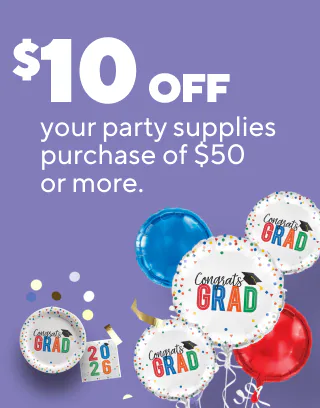 Epic parties start here
$10 off your party supplies purchase of $50 or more
Buy 2, get 1 free select foil balloons
Starting at $19.99 for inflated balloon bouquets
40% off custom cards, photo gifts, banners, posters & yard signs
