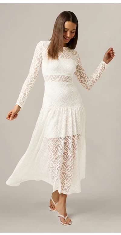 Long Sleeve Stretch Lace Illusion Midi Dress In Ivory