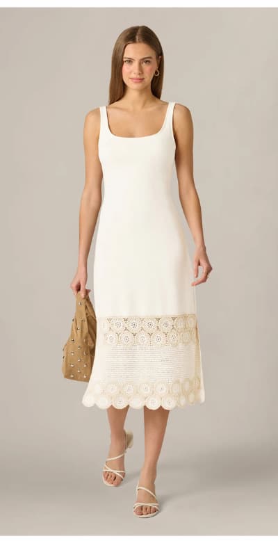 Crochet Trimmed Sheath Midi Dress With Tank Straps In Ivory
