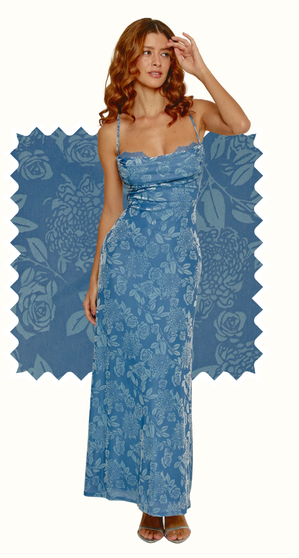 Blue Floral Mesh Devore Maxi Dress