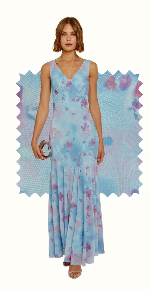 Blue Floral Blur Godet Maxi Dress
